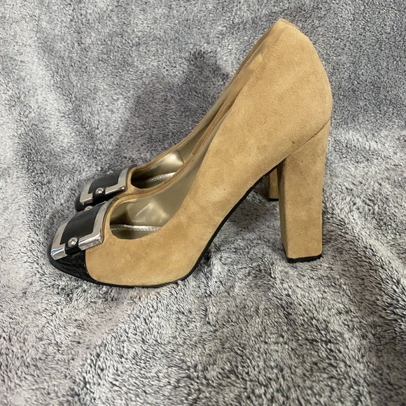 White House Black Market Women’s Theo Camel Tan Suede Color Block Heel Size 7M - Picture 3 of 8